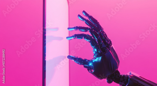 A robotic arm with glowing purple and blue metal, reaching out to touch the screen on a pink background. photo