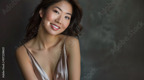 Wallpaper Mural A woman with long dark hair smiles at the camera while wearing a simple, light brown satin top Torontodigital.ca