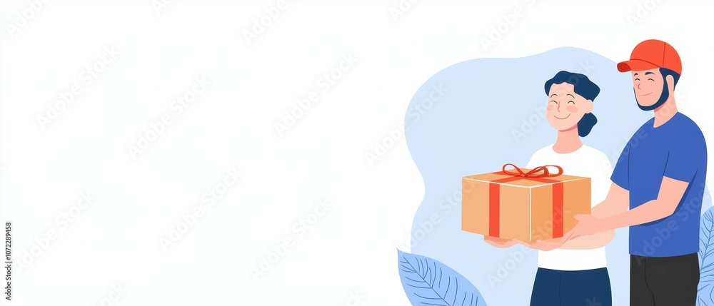 Employee handing a promotional gift box to a loyal customer, smiling as they accept the present Employee handing a promotional gift box to a loyal customer, smiling as they accept the present