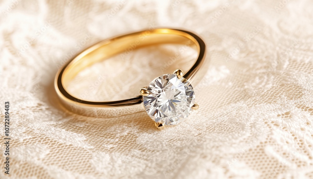 Engagement ring with a solitaire diamond, placed delicately on a lace-patterned cloth Engagement ring with a solitaire diamond, placed delicately on a lace-patterned cloth
