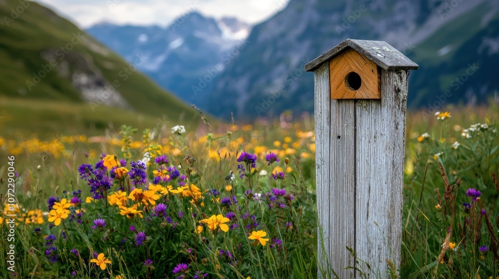 Fence post adorned with a birdhouse, surrounded by colorful wildflowers in full bloom Fence post adorned with a birdhouse, surrounded by colorful wildflowers in full bloom