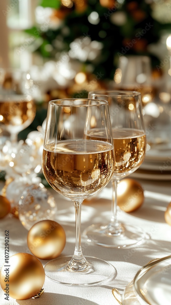Elegant table setting with sparkling wine glasses and golden ornaments, perfect for festive celebrations. Elegant table setting with sparkling wine glasses and golden ornaments, perfect for festive celebrations.