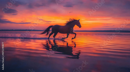 Majestic Horse Running Along the Shore at Dusk with Vibrant Sunset Reflections and Gentle Waves