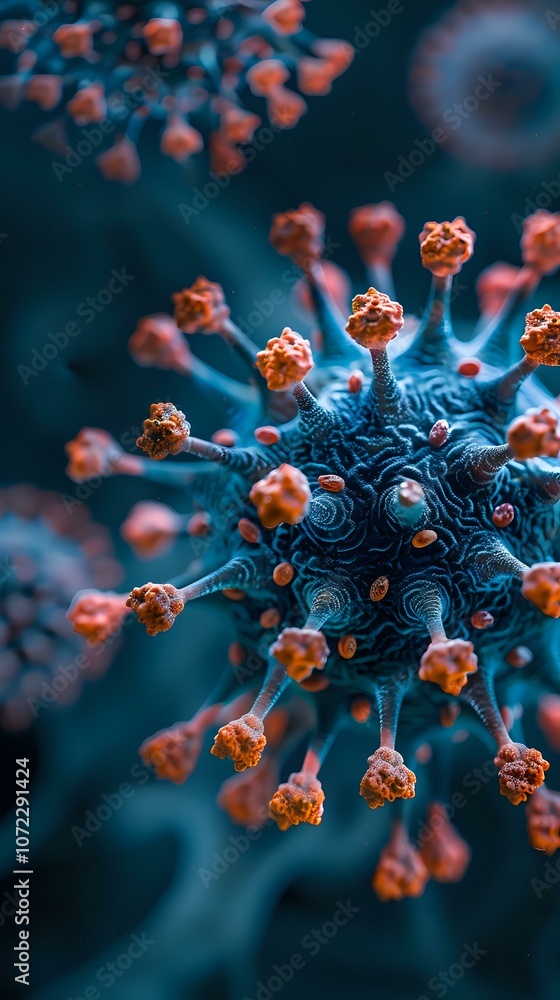 custom made wallpaper toronto digital3D visualization of blue virus cell structure with red protein spikes on dark background, perfect for medical presentations, scientific publications and health education materials.