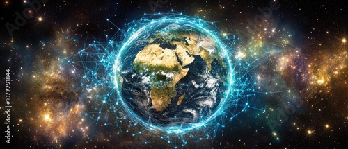 A digital network of connections surrounds Earth, glowing in the cosmos, illustrating global interconnectedness.