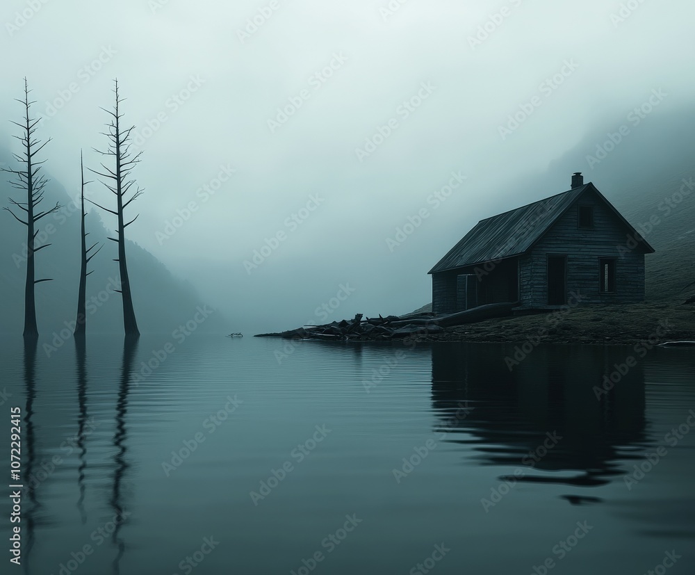 Fototapeta premium Mysterious fog envelops a quiet lakeside cabin at dawn