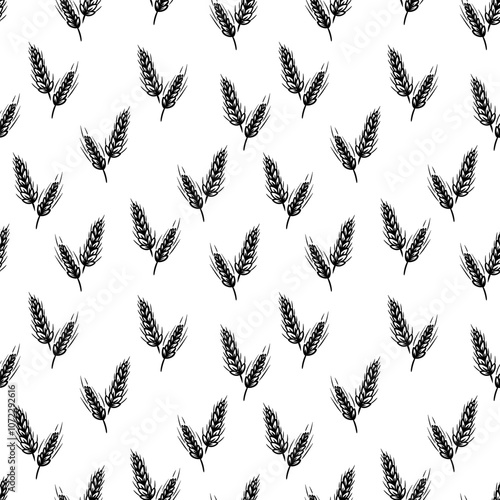 Black and white wheat seamless pattern design, showcasing repetitive ear shapes on a clean background