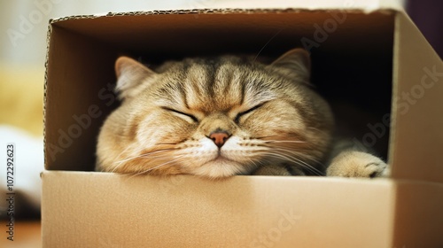 Cozy Cat in a Square Box - Feline snugly fitting into geometric container, adjusting posture in confined space.