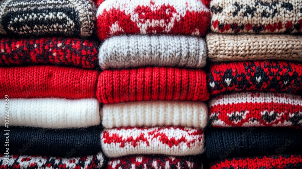 Neatly Folded Bright Sweaters with Festive Patterns Neatly Folded Bright Sweaters with Festive Patterns