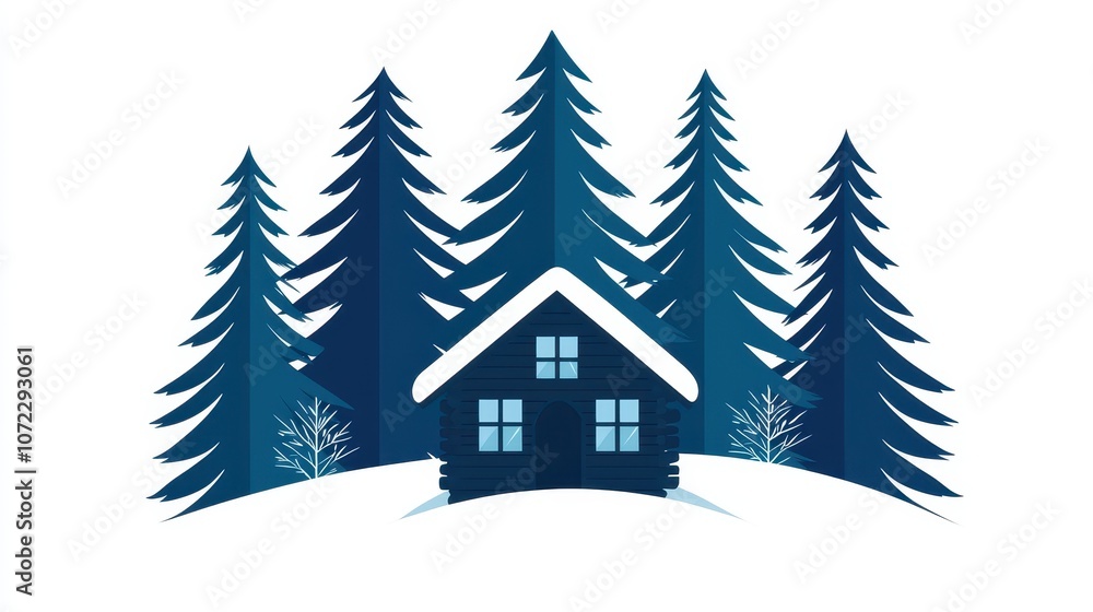 Cozy Winter Cabin Surrounded by Tall Evergreen Trees in a Snowy Landscape, Perfect for Holiday or Nature Themes, Ideal for Seasonal Designs and Illustrations Cozy Winter Cabin Surrounded by Tall Evergreen Trees in a Snowy Landscape, Perfect for Holiday or Nature Themes, Ideal for Seasonal Designs and Illustrations