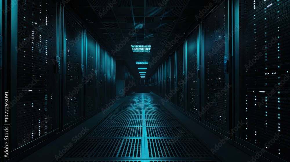 A long, dark hallway with blue lights shining down on the floor A long, dark hallway with blue lights shining down on the floor