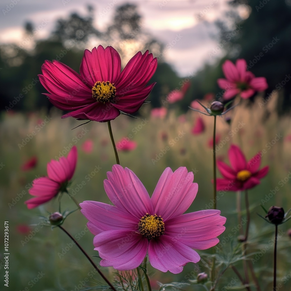 Vibrant pink cosmos flowers blooming in a field at sunset Vibrant pink cosmos flowers blooming in a field at sunset