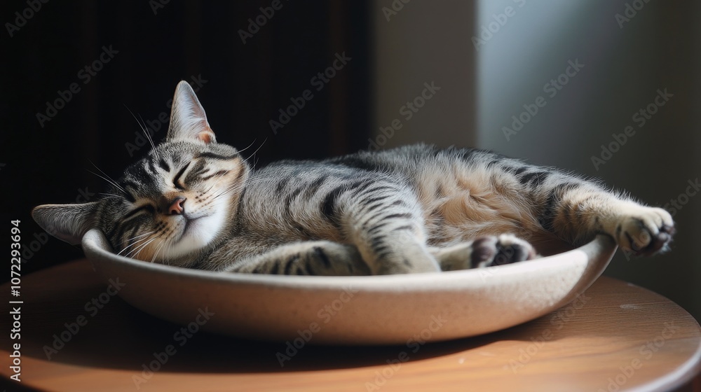 Naklejka premium Flexible cat lying comfortably in shallow dish, stretching into round edges