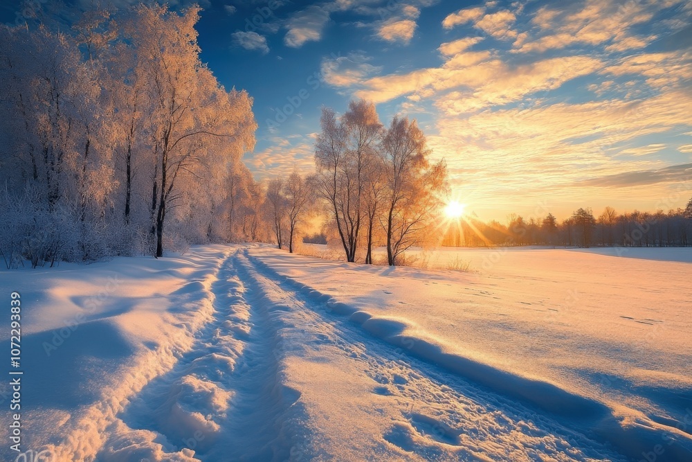 A serene winter sunrise over a snowy landscape with a tranquil path A serene winter sunrise over a snowy landscape with a tranquil path