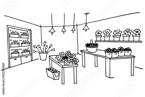 Flowers shop composition with flowers on shelves. Line art vector illustration