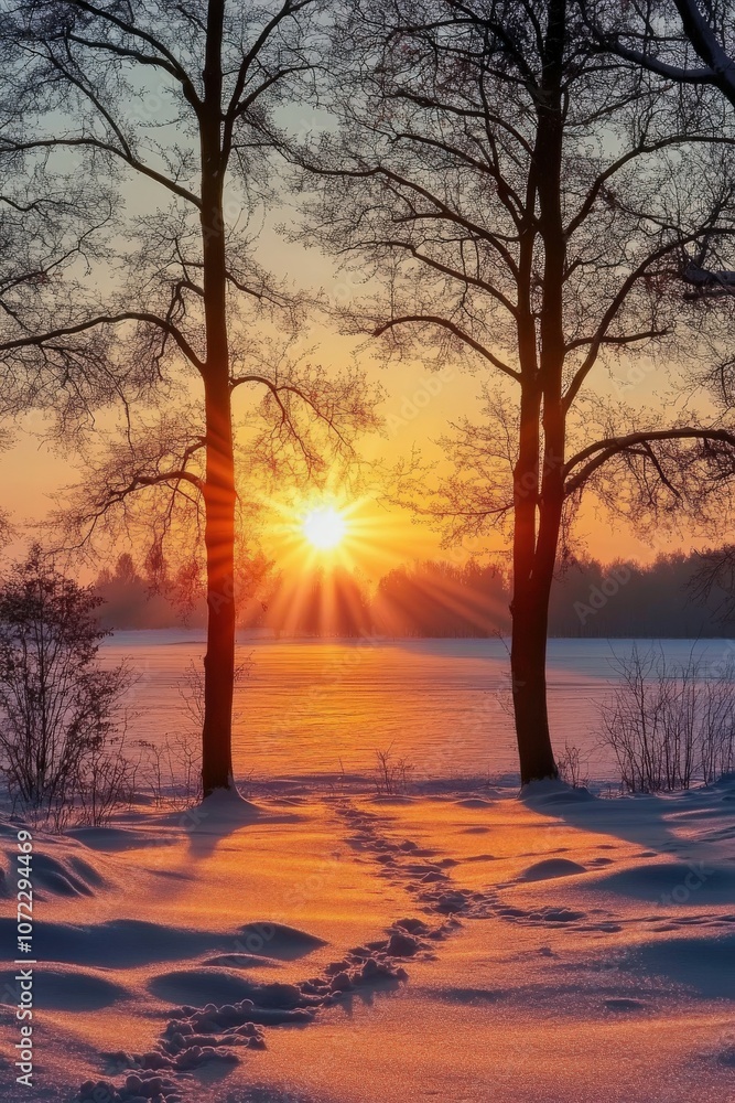 Sunrise over a snowy landscape with trees and footprints in winter Sunrise over a snowy landscape with trees and footprints in winter