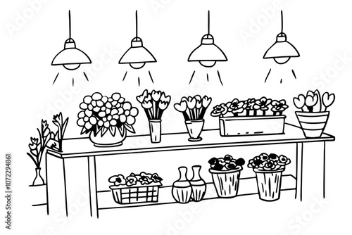 Flowers shop composition with flowers on shelves. Line art vector illustration