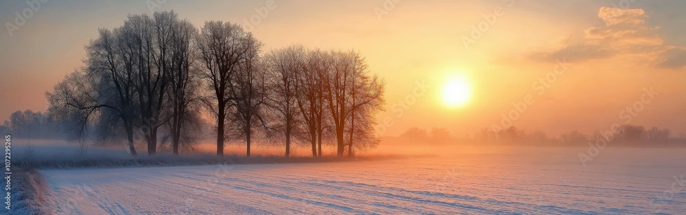 Sunrise over snowy field with silhouetted trees in winter landscape Sunrise over snowy field with silhouetted trees in winter landscape