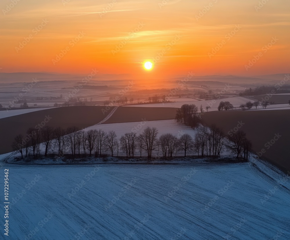 Fototapeta premium Sunrise over snow-covered fields with trees in rural landscape