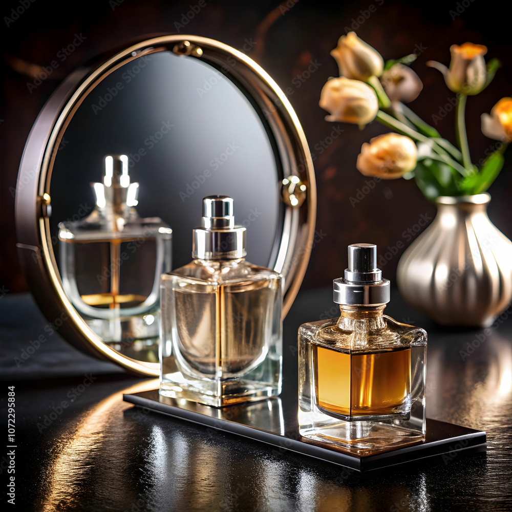 Two elegant perfume bottles placed on a black table Two elegant perfume bottles placed on a black table