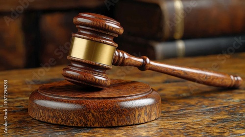 A gavel rests on a polished judge's bench, reflecting authority and the seriousness of legal proceedings in a courtroom environment