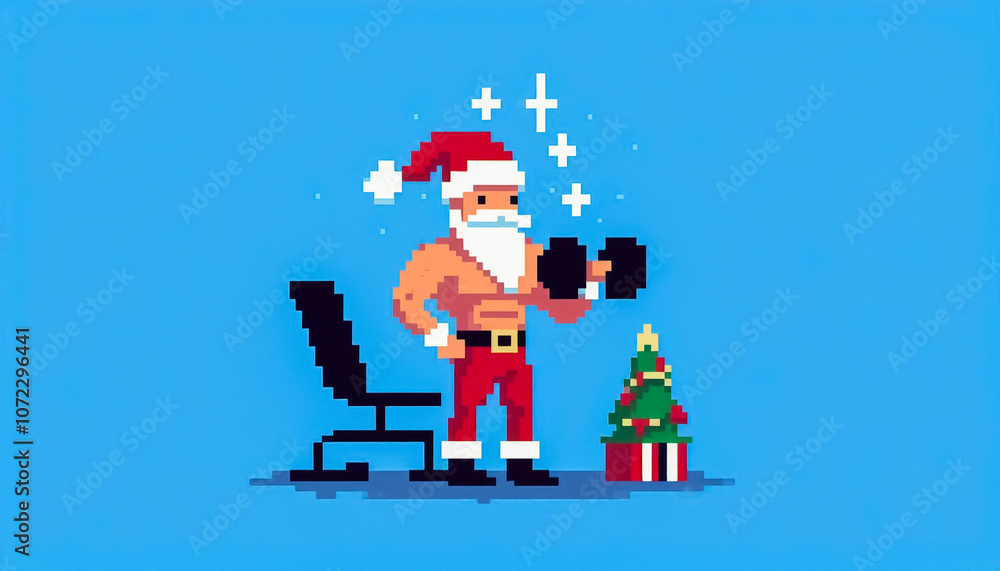 Christmas themed 8bit pixel art illustration of a gym santa Christmas themed 8bit pixel art illustration of a gym santa