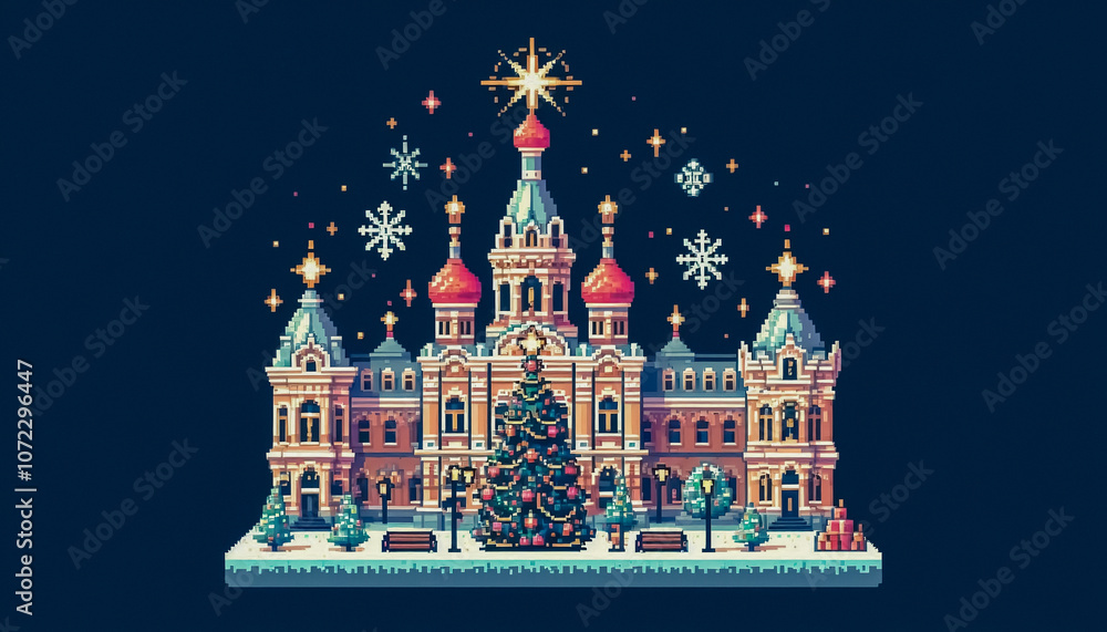 Obraz premium Christmas themed 8bit pixel art illustration of a castle