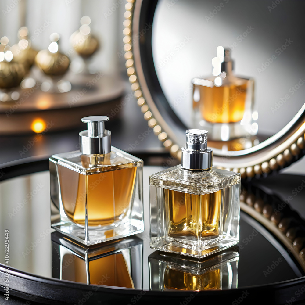 Two elegant perfume bottles placed on a black table Two elegant perfume bottles placed on a black table