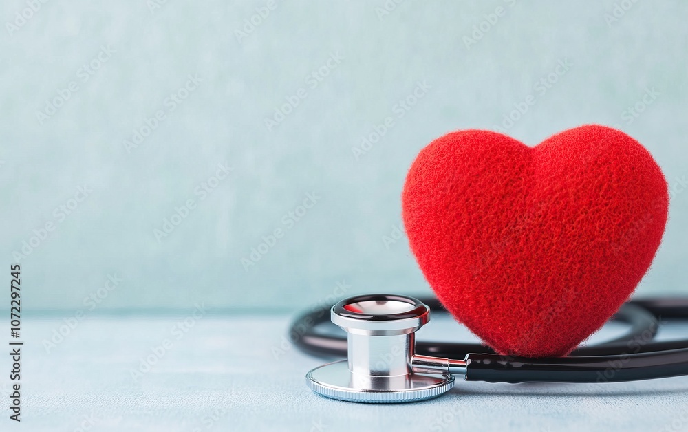 A red heart alongside a stethoscope symbolizes love and health, highlighting the connection between emotional and physical well-being. A red heart alongside a stethoscope symbolizes love and health, highlighting the connection between emotional and physical well-being.