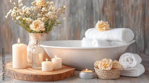 serene bathroom setup with candles, flowers, and towels creating calming ambiance