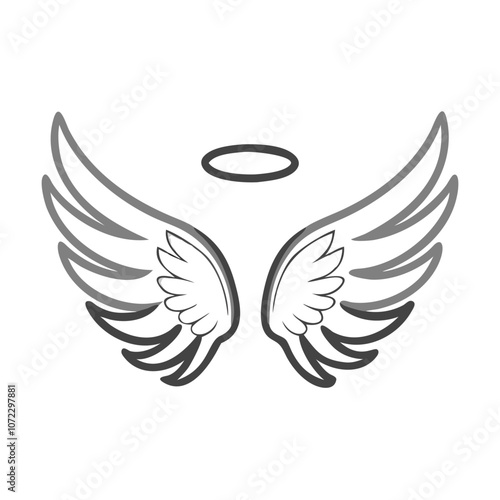 Angel wings and halo line drawing, Simple black and white line drawing of a pair of angel wings with a halo, symbolizing purity and spirituality.
