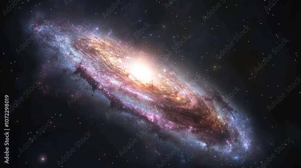 Fototapeta premium A breathtaking view of a spiral galaxy with a bright core and swirling arms, against a backdrop of distant stars.