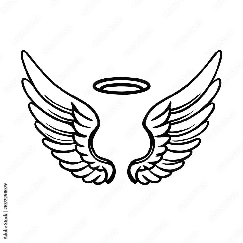 Obraz premium Angel wings and halo line drawing, Simple black and white line drawing of a pair of angel wings with a halo, symbolizing purity and spirituality. 
