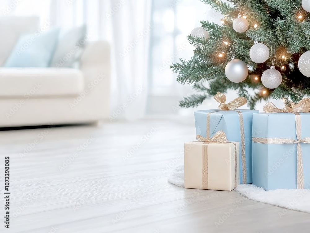 Gift with golden ribbon and bow in front of a Christmas tree with lights, holiday gift in festive setting, background blur Gift with golden ribbon and bow in front of a Christmas tree with lights, holiday gift in festive setting, background blur