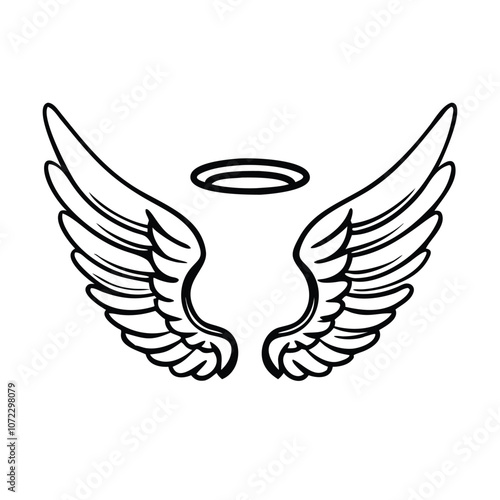 Angel wings and halo line drawing, Simple black and white line drawing of a pair of angel wings with a halo, symbolizing purity and spirituality.

