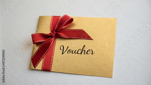 Elegant voucher with red ribbon on gold envelope