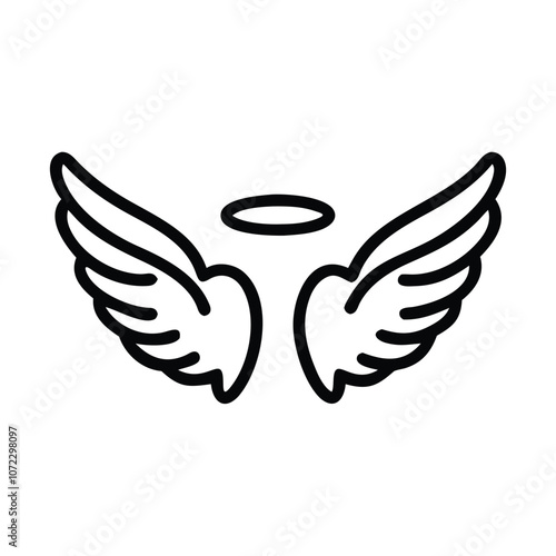 Angel wings and halo line drawing, Simple black and white line drawing of a pair of angel wings with a halo, symbolizing purity and spirituality.
