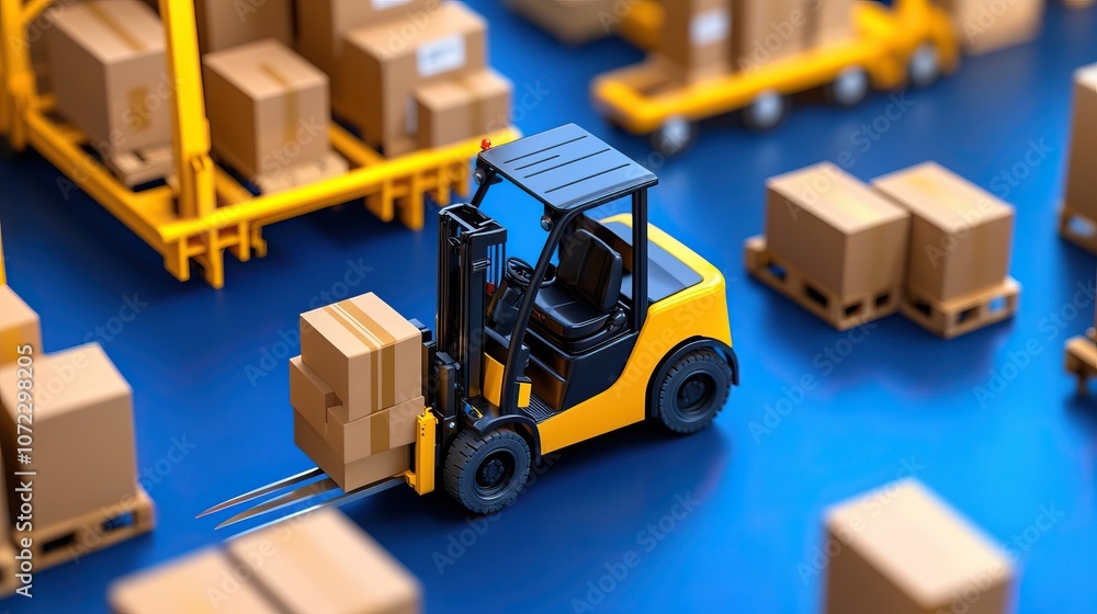 A miniature forklift lifts a cardboard box in a vibrant warehouse setting filled with stacked packages and pallets. A miniature forklift lifts a cardboard box in a vibrant warehouse setting filled with stacked packages and pallets.