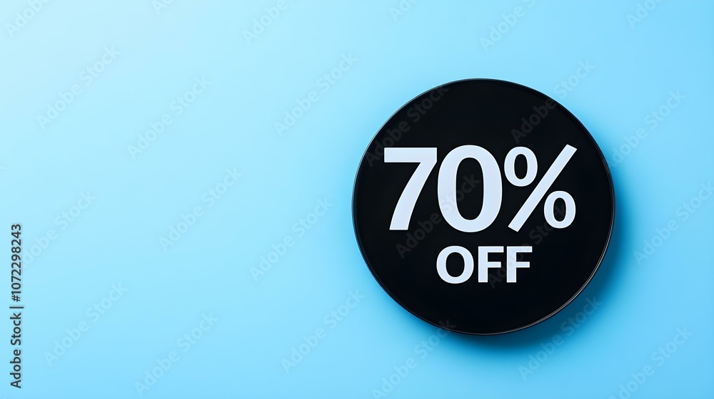 Black '70% OFF' Promotional Sign on a Light Blue Background with Copy Space Black '70% OFF' Promotional Sign on a Light Blue Background with Copy Space
