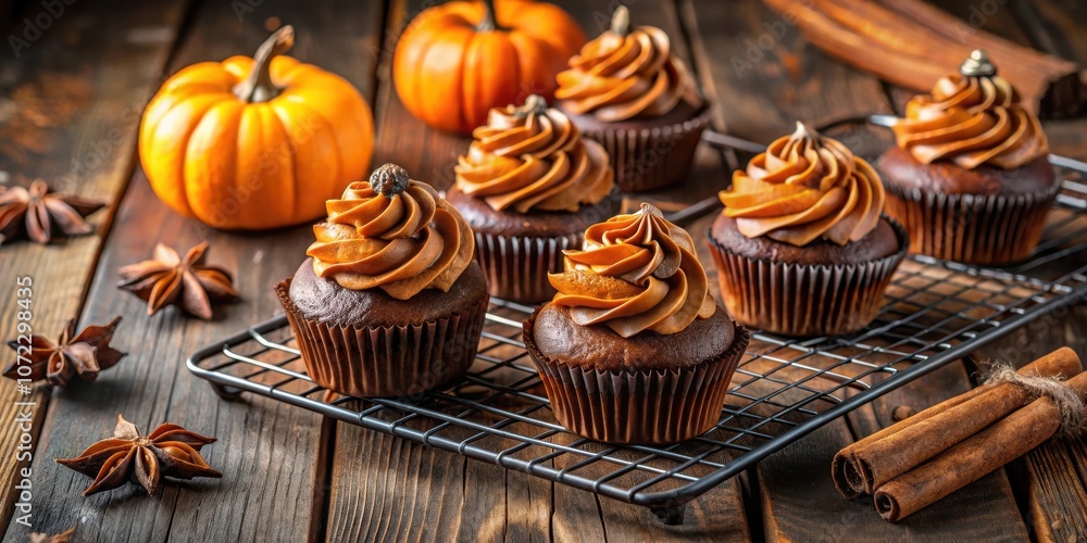 Chocolate Cupcakes Topped with Caramel Frosting and Decorated with Star Anise and Cinnamon Sticks on a Rustic Wooden Table Chocolate Cupcakes Topped with Caramel Frosting and Decorated with Star Anise and Cinnamon Sticks on a Rustic Wooden Table