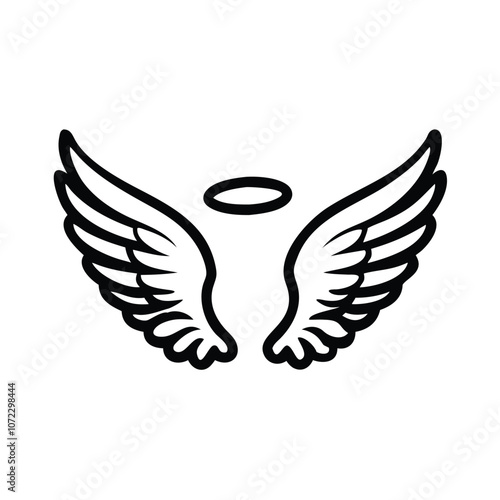 Angel wings and halo line drawing, Simple black and white line drawing of a pair of angel wings with a halo, symbolizing purity and spirituality.
