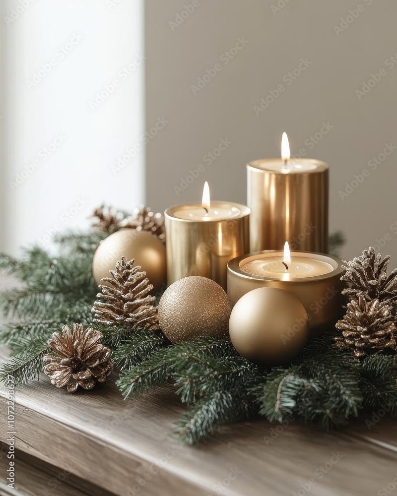 Holiday candle arrangement with pine cones, golden ornaments, and fir branches, creating a cozy Christmas atmosphere for interior decor Holiday candle arrangement with pine cones, golden ornaments, and fir branches, creating a cozy Christmas atmosphere for interior decor