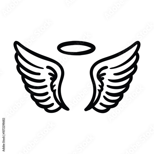 Angel wings and halo line drawing, Simple black and white line drawing of a pair of angel wings with a halo, symbolizing purity and spirituality.
