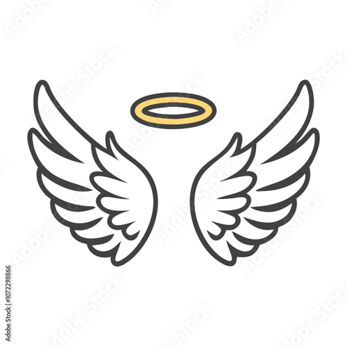 Angel wings and halo line drawing, Simple black and white line drawing of a pair of angel wings with a halo, symbolizing purity and spirituality.
