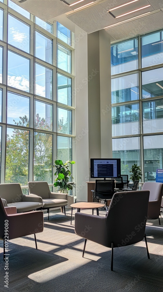 Bright and Tranquil Newsroom Space with Large Windows Bright and Tranquil Newsroom Space with Large Windows