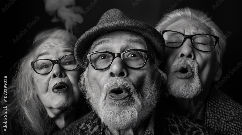 Black and White Portrait of Surprised Elderly Friends with Expressive Faces Black and White Portrait of Surprised Elderly Friends with Expressive Faces