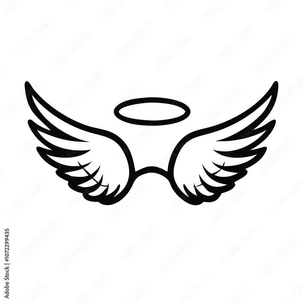 Angel wings and halo line drawing, Simple black and white line drawing of a pair of angel wings with a halo, symbolizing purity and spirituality.
Angel wings and halo line drawing, Simple black and white line drawing of a pair of angel wings with a halo, symbolizing purity and spirituality.
