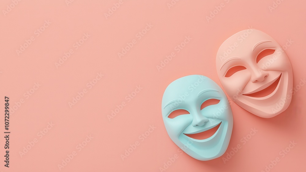 A pair of colorful theatrical masks representing joy and laughter on a soft background. A pair of colorful theatrical masks representing joy and laughter on a soft background.
