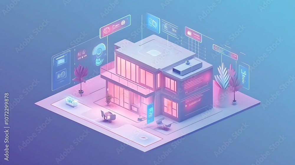 Obraz premium A futuristic building with digital interfaces and a modern design, showcasing technology integration.