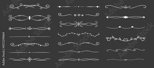 Swirl line chalk divider, doodle decorative fancy ornament border, simple hand drawn frame. Retro curve set flourish thin decorations.